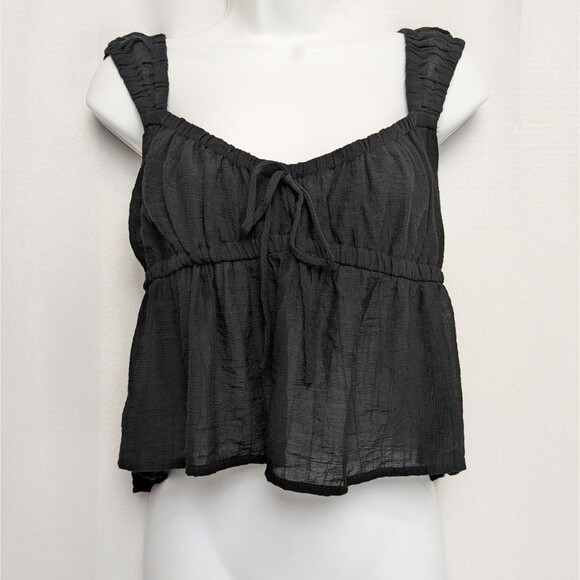 Lotus & Lavender Black Ruffle Strap Smocked Back Babydoll Crop Top Size XL - Picture 1 of 6